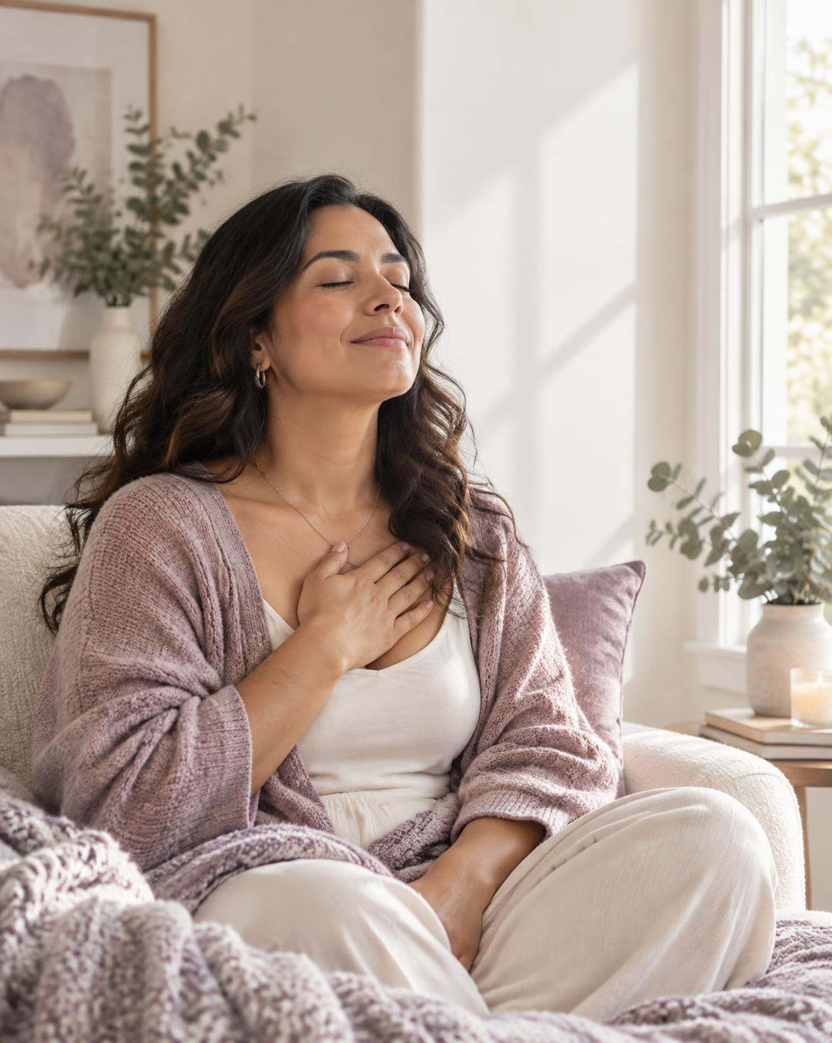 Mujer respirando con calma junto a una ventana